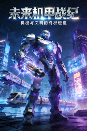 科幻电影海报：未来城市与机甲战士