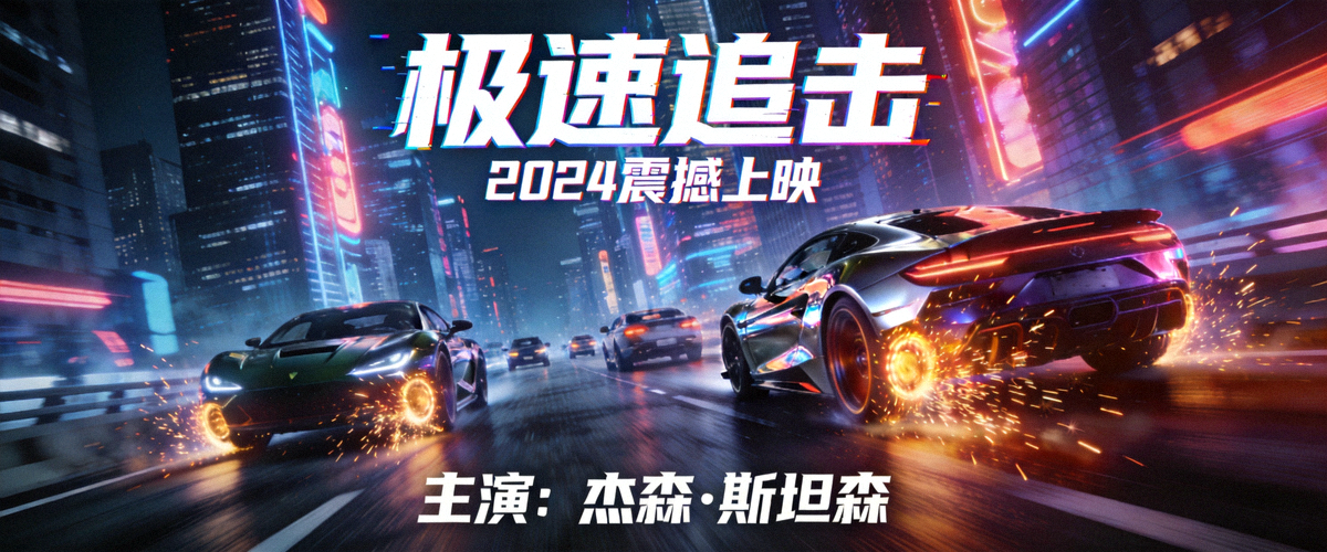 热门动作电影巨幕海报：城市夜景与飞车追逐